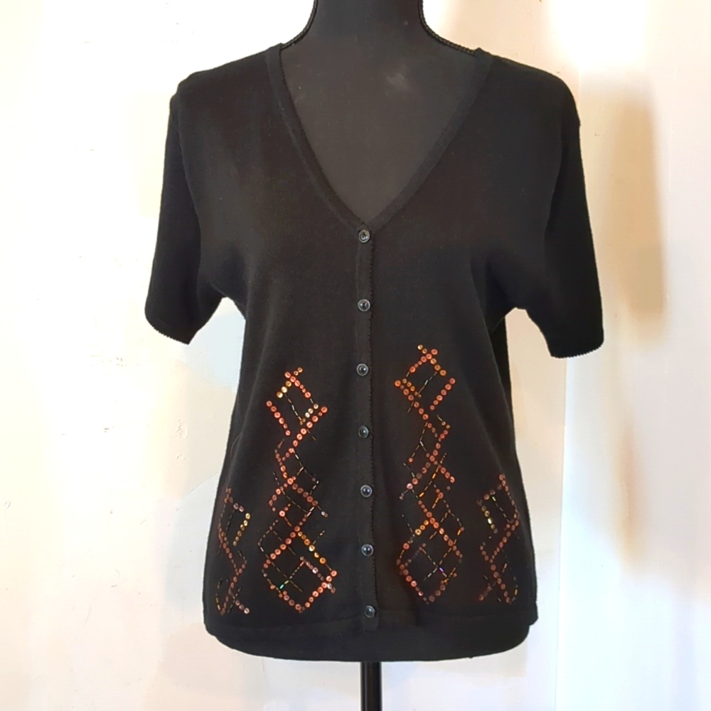 R&K VTG 90's Short Sleeve Cardigan Sweater Sz 6 Black Whimsigoth Beads & Sequins